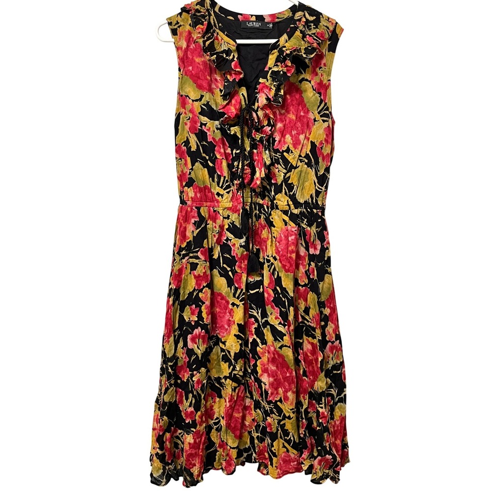 Lauren Ralph Lauren Floral Cotton Midi Dress Pink Yellow Black Ruffle Size 12